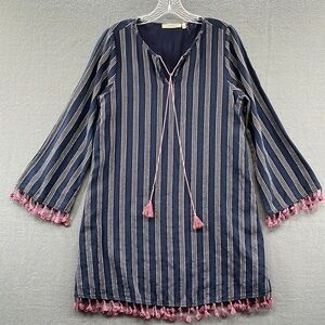 BOHO FLOWY TASSEL PEASANT DRESS SZ S TRIM ON SLEEVES HEM TIE LONG SLEEVE